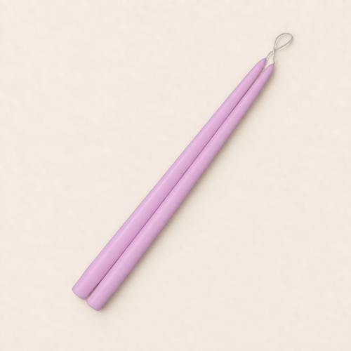 A pair of 15 inch Wisteria taper candles, hand-dipped by Creative Candles