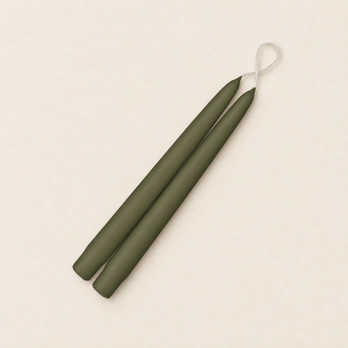 A pair of 9 inch Moss Green taper candles, hand-dipped by Creative Candles