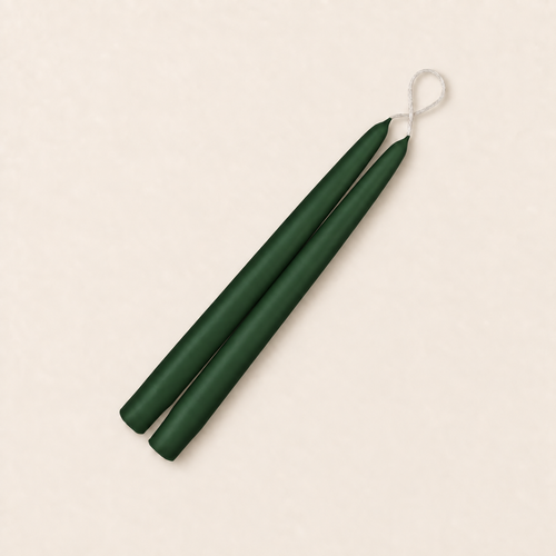 A pair of 9 inch Hunter Green taper candles, hand-dipped by Creative Candles