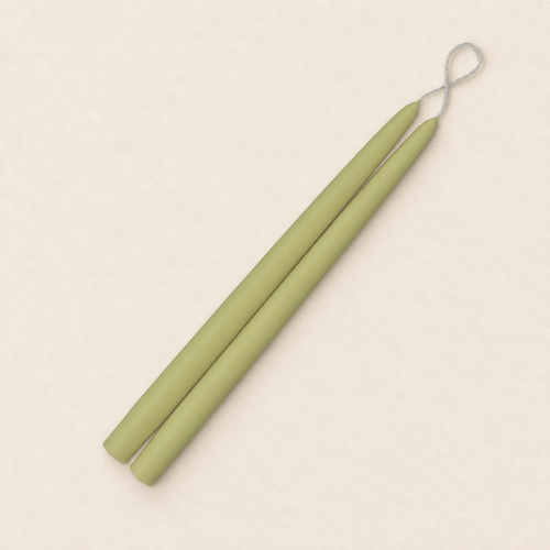 A pair of 12 inch Desert Olive taper candles, hand-dipped by Creative Candles