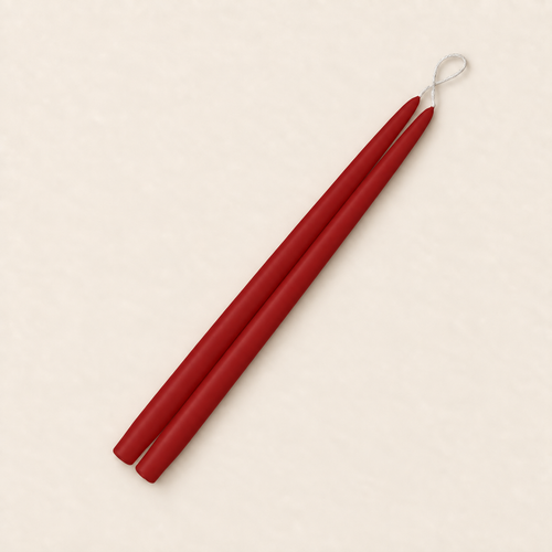 A pair of 15 inch Crimson taper candles, hand-dipped by Creative Candles