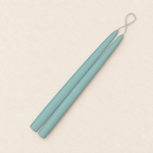 A pair of 12 inch Aquamarine taper candles, hand-dipped by Creative Candles
