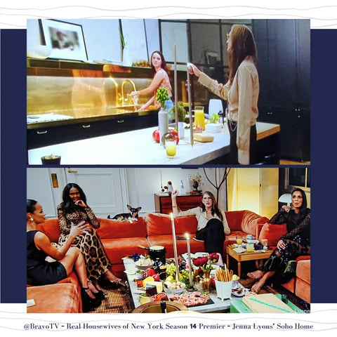 Real Housewives cast in Jenna Lyons home with 30" paris gray candles lit on dining room table