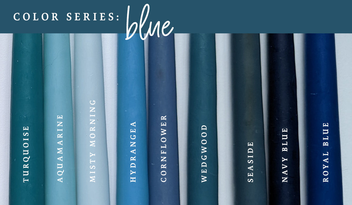 Nine blue taper candle colors side by side, from Turquoise and Aquamarine to Royal Blue