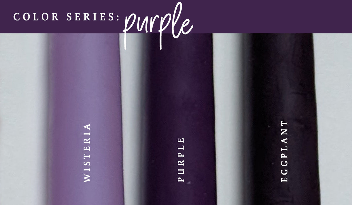 Three purple taper candle colors side by side, Wisteria, Purple and Eggplant