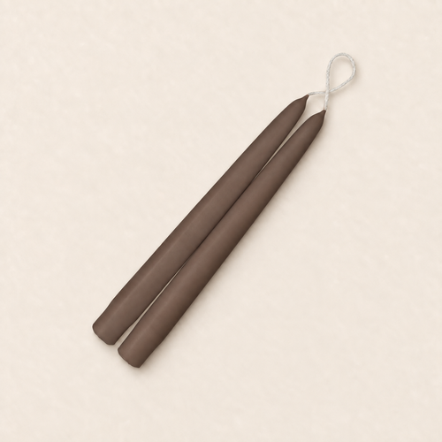 A pair of 9 inch Espresso taper candles, hand-dipped by Creative Candles