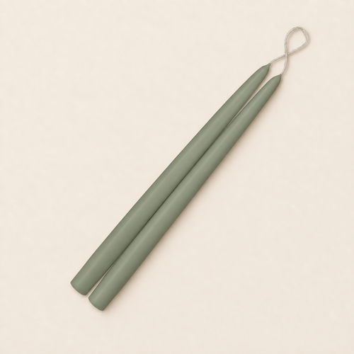 A pair of 12 inch Soft Sage taper candles, hand-dipped by Creative Candles