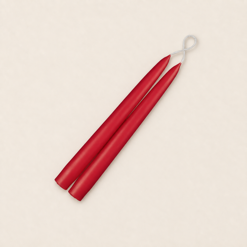 A pair of 9 inch Holiday Red taper candles, hand-dipped by Creative Candles