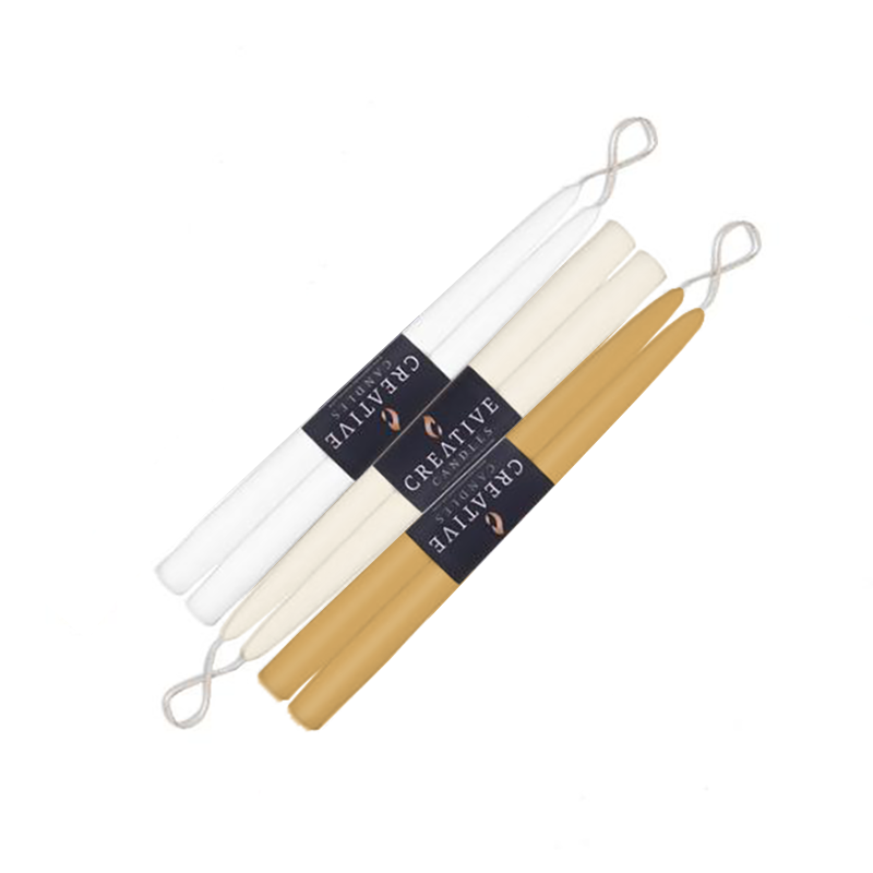 Three pairs of 12 inch taper candles in Ivory, White and Cafe au Lait