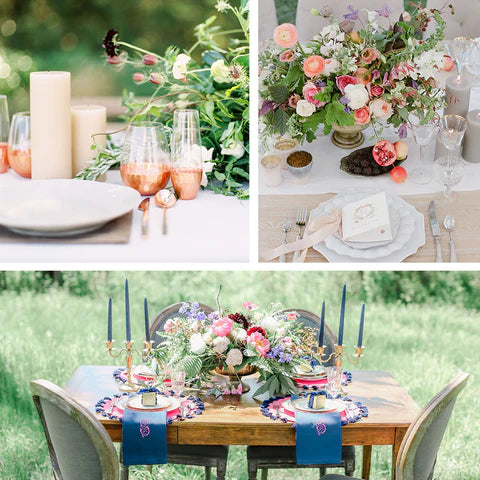 A 3 frame collage with a spring outdoors theme featuring taper and pillar candles,