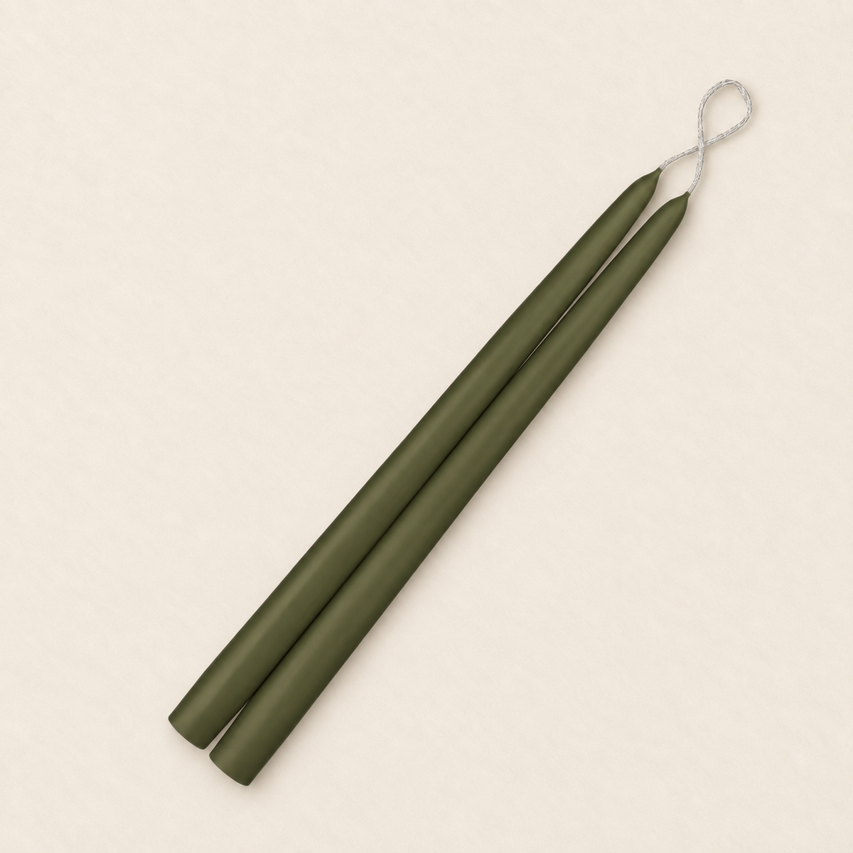 A pair of 12 inch Moss Green taper candles, hand-dipped by Creative Candles