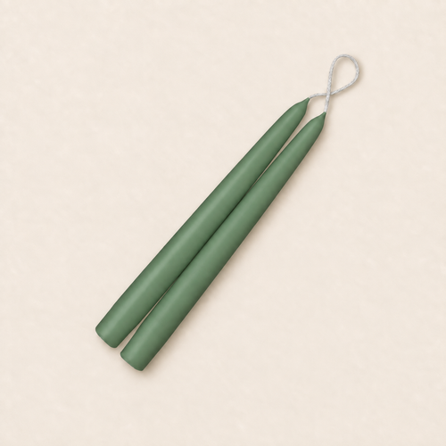 A pair of 9 inch Eucalyptus taper candles, hand-dipped by Creative Candles