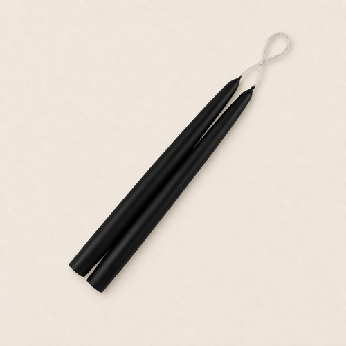 A pair of 9 inch Black taper candles, hand-dipped by Creative Candles