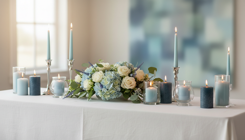 A beautiful table arrangement with light and dark blue colors. Taper and pillar candles, with flowers to match