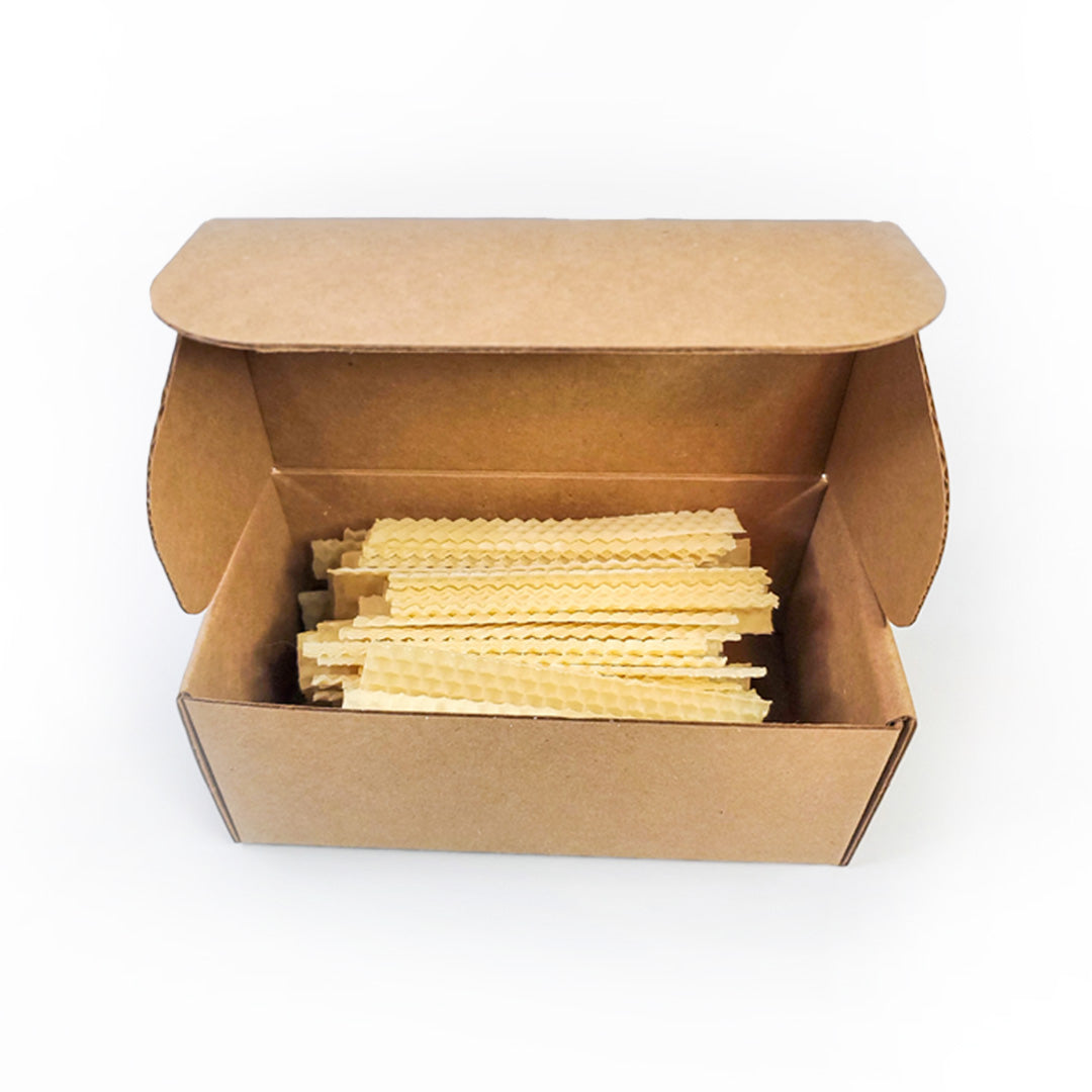 100 beeswax fitter strips inside of cardboard box