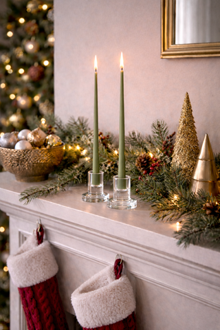 Decorative Christmas mantel with taper candles, greenery, and stockings.
