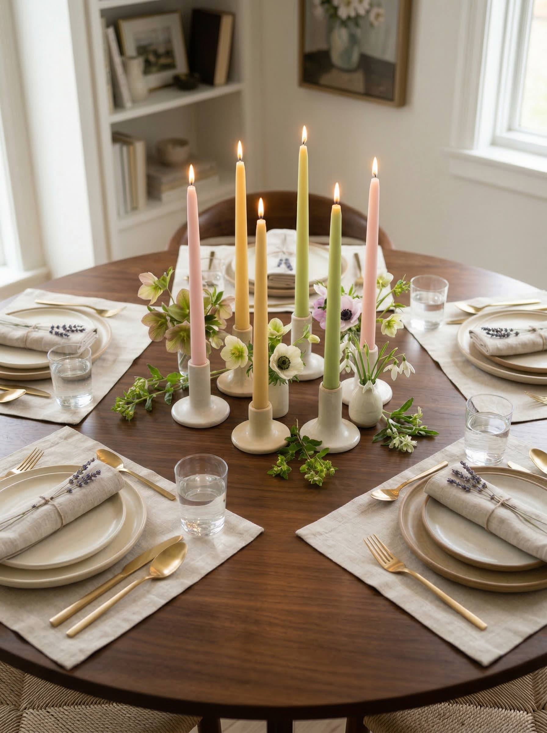 Elegant dining table setting with candles, flowers, and place settings.