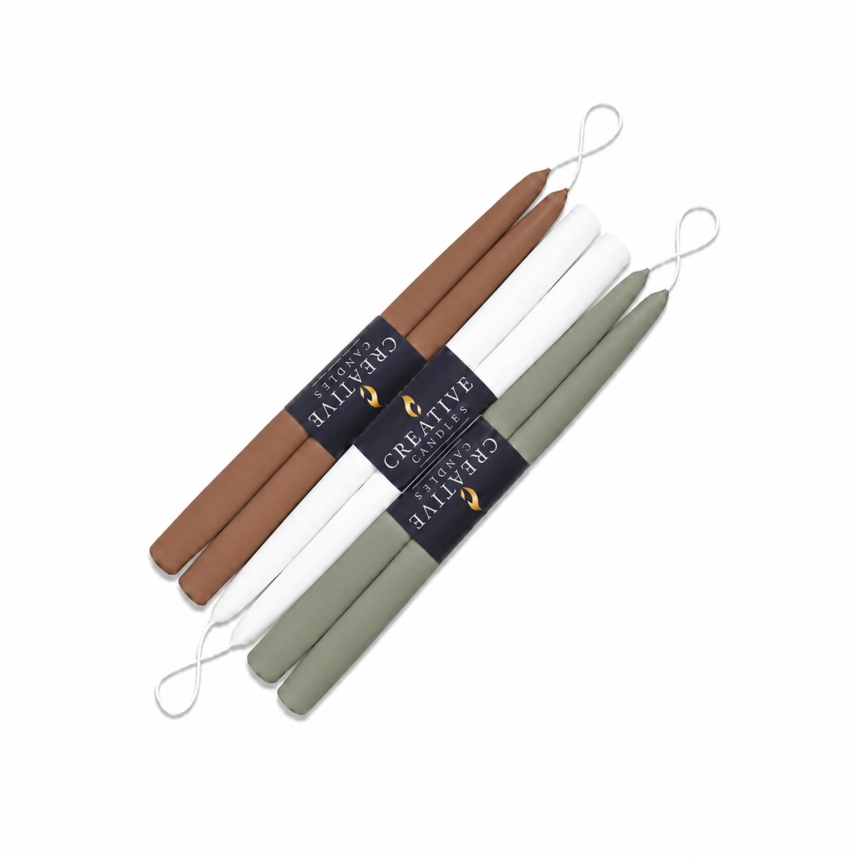 Six hand-dipped 12 inch taper candles in Espresso, Highland Mist and Soft Sage, banded in pairs