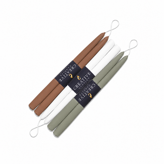 Six hand-dipped 12 inch taper candles in Espresso, Highland Mist and Soft Sage, banded in pairs