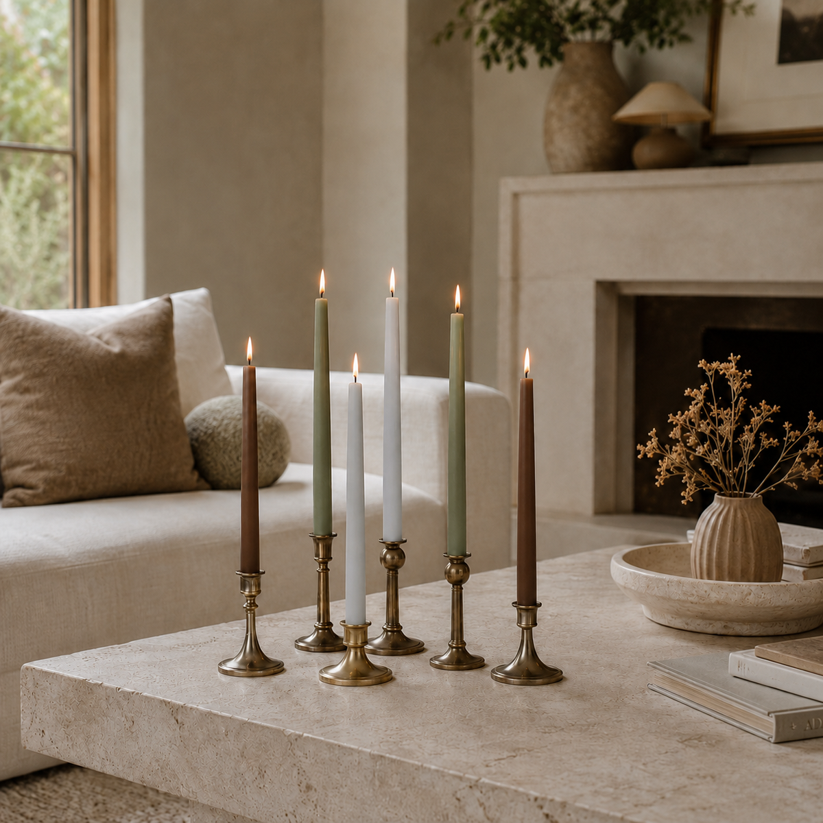 Soft Sage, Highland Mist and Espresso tapers lit in brass candlesticks on a stone table