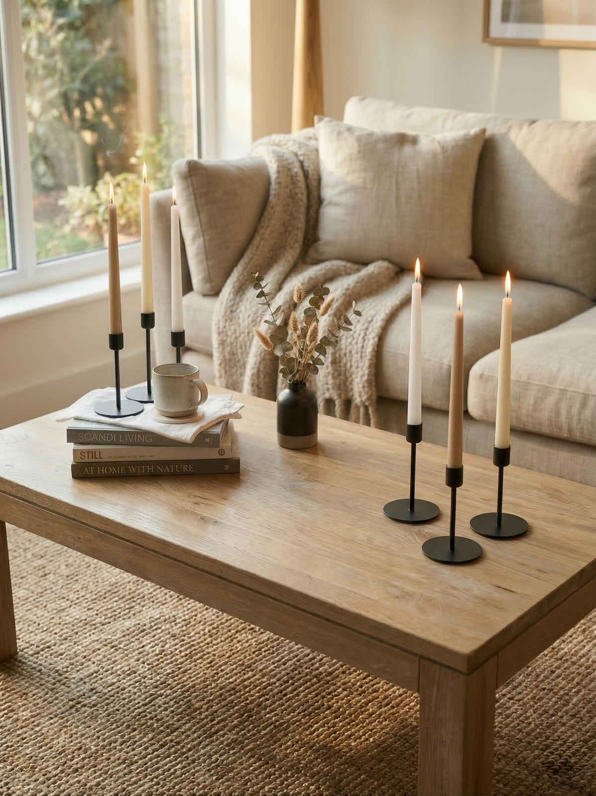 Cozy living room with a wooden coffee table, candles, and a beige sofa.
