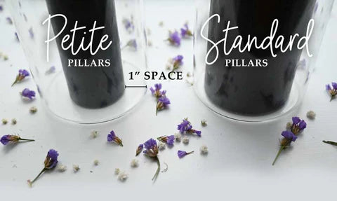 Difference between petite 2" candle vs 3" pillar candle in hurricane glass. There is a 1" space surrounding petite candle.