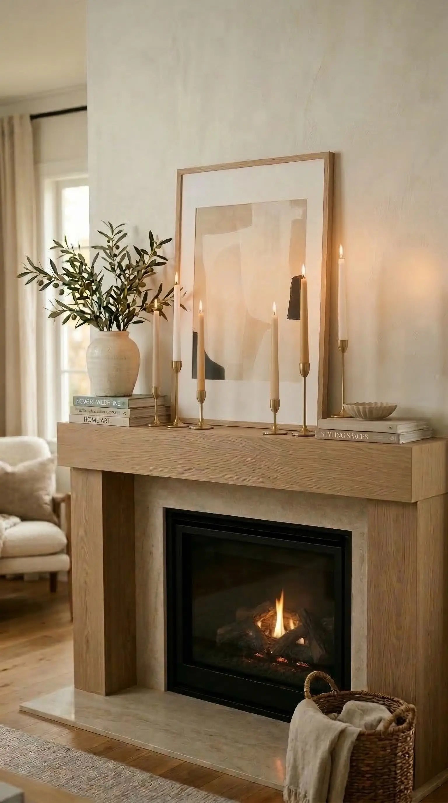 candles on a decorated mantle 