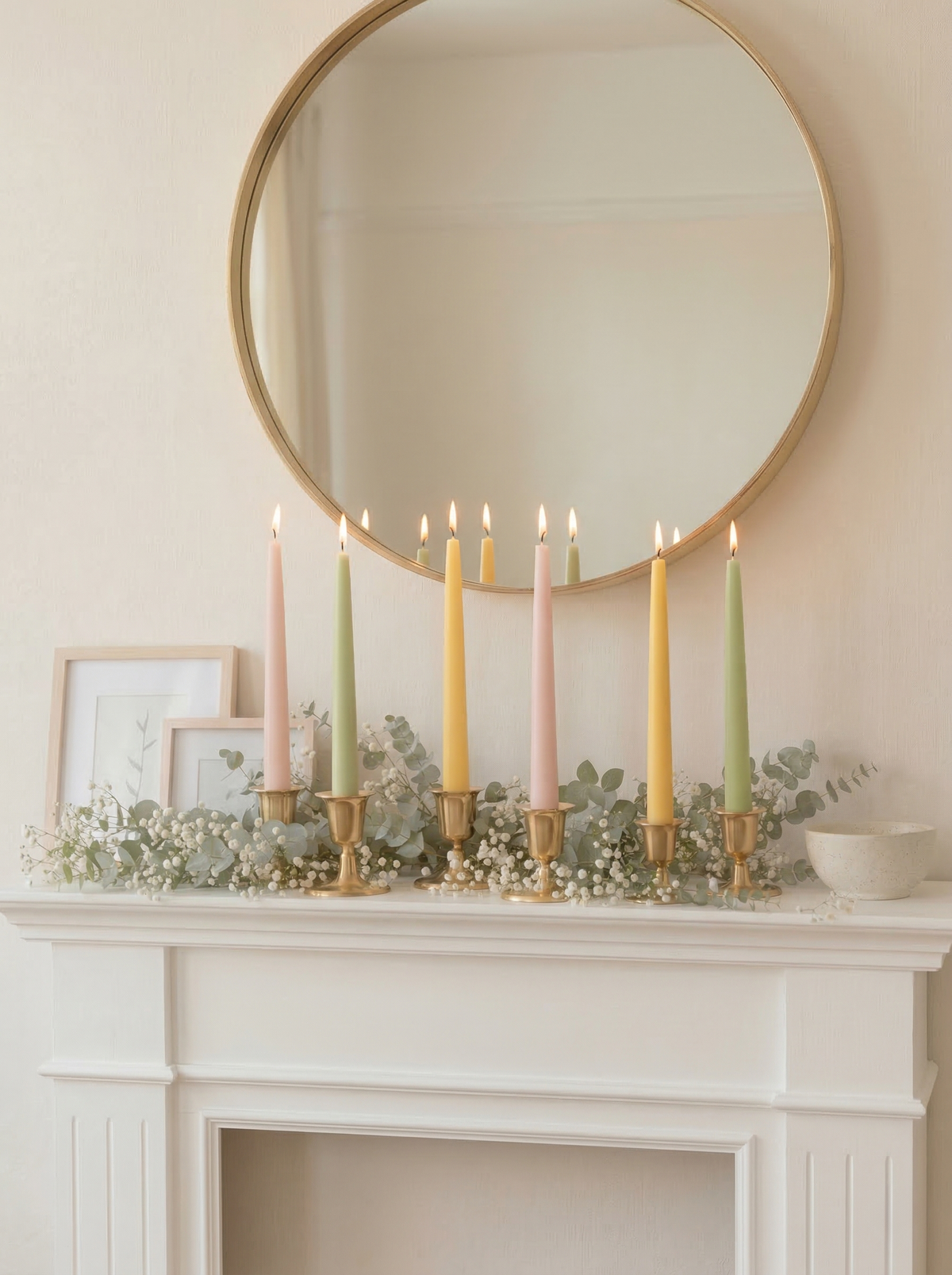 Decorative mantel with pastel candles and a round mirror above.